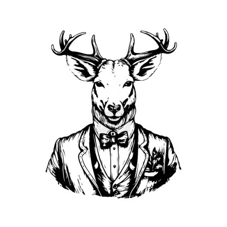 Illustration for Businessman deer, vintage logo line art concept black and white color, hand drawn illustration - Royalty Free Image