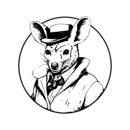 Ilustración de Wallaby antropomórfico, concepto de arte de línea de logotipo vintage color blanco y negro, ilustración dibujada a mano - Imagen libre de derechos