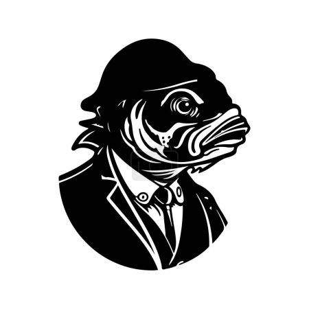 anthropomorphic fish, vintage logo line art concept black and white color, hand drawn illustration