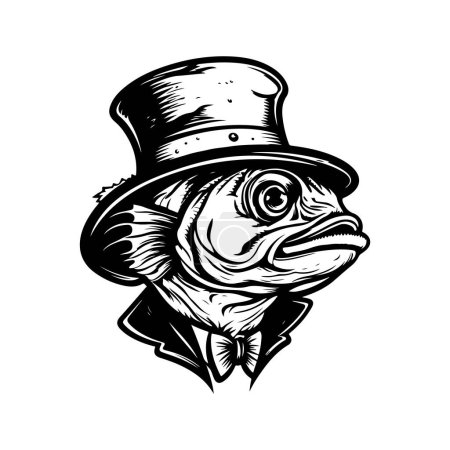 anthropomorphic fish, vintage logo line art concept black and white color, hand drawn illustration