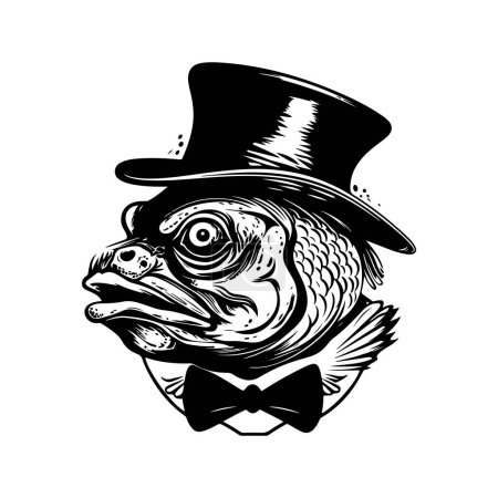 Illustration for Anthropomorphic fish, vintage logo line art concept black and white color, hand drawn illustration - Royalty Free Image