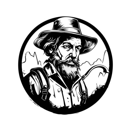 Illustration for Miserable prospector, vintage logo line art concept black and white color, hand drawn illustration - Royalty Free Image