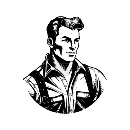 Ilustración de Hombre guapo muscular, vintage logotipo línea arte concepto negro y blanco color, ilustración dibujada a mano - Imagen libre de derechos