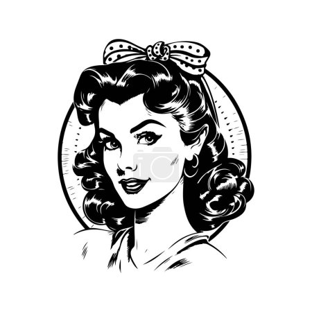 Illustration for Pretty pin up girl, vintage logo line art concept black and white color, hand drawn illustration - Royalty Free Image