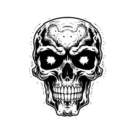 Ilustración de Cráneo poseído, concepto de arte de línea de logotipo vintage color blanco y negro, ilustración dibujada a mano - Imagen libre de derechos