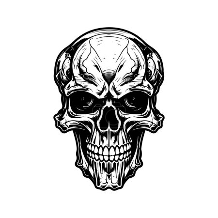 Ilustración de Cráneo poseído, concepto de arte de línea de logotipo vintage color blanco y negro, ilustración dibujada a mano - Imagen libre de derechos