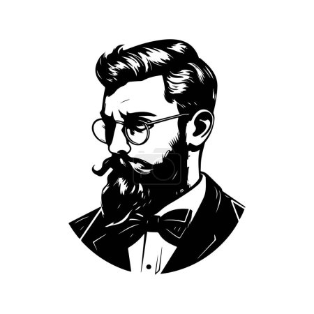 Ilustración de Hombre barba traje de vestir, vintage logotipo línea arte concepto negro y blanco color, ilustración dibujada a mano - Imagen libre de derechos