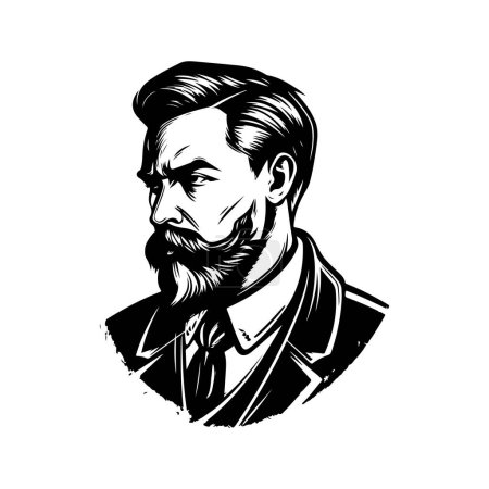 Ilustración de Hombre barba traje de vestir, vintage logotipo línea arte concepto negro y blanco color, ilustración dibujada a mano - Imagen libre de derechos