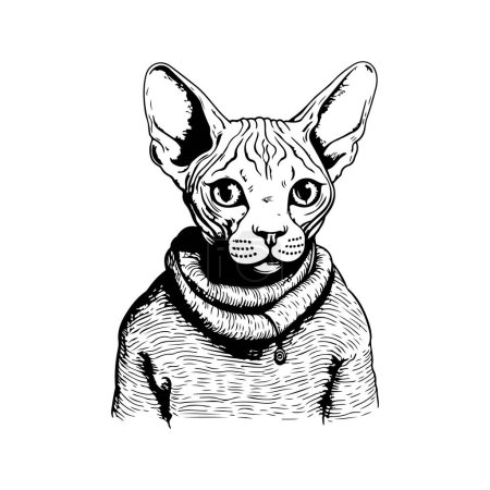 Illustration for Sphynx cat wearing sweater, vintage logo line art concept black and white color, hand drawn illustration - Royalty Free Image