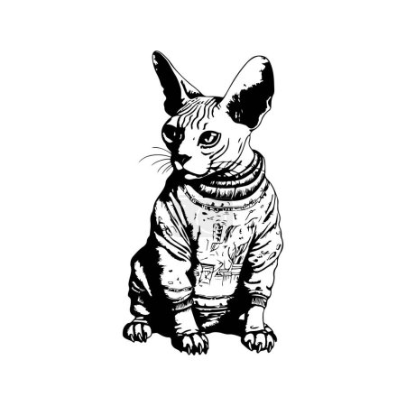 Illustration for Sphynx cat wearing sweater, vintage logo line art concept black and white color, hand drawn illustration - Royalty Free Image