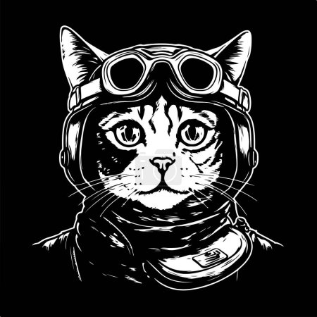 Illustration for Cat pilot, vintage logo line art concept black and white color, hand drawn illustration - Royalty Free Image