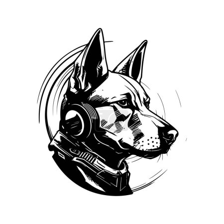 Téléchargez les illustrations : Soldat chien futuriste, logo vintage ligne d'art concept noir et blanc, illustration dessinée à la main - en licence libre de droit