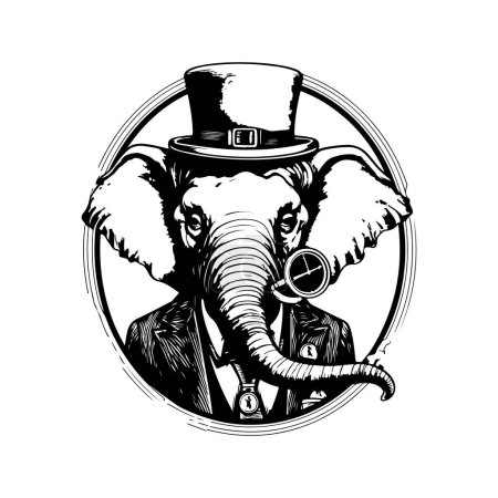 Illustration for Elephant inventor, vintage logo line art concept black and white color, hand drawn illustration - Royalty Free Image