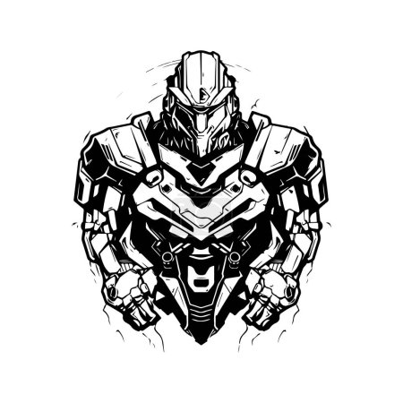 scifi mech guerrier, vintage logo ligne art concept noir et blanc couleur, illustration dessinée à la main