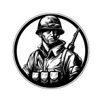 steel soldier, vintage logo line art concept black and white color, hand drawn illustration