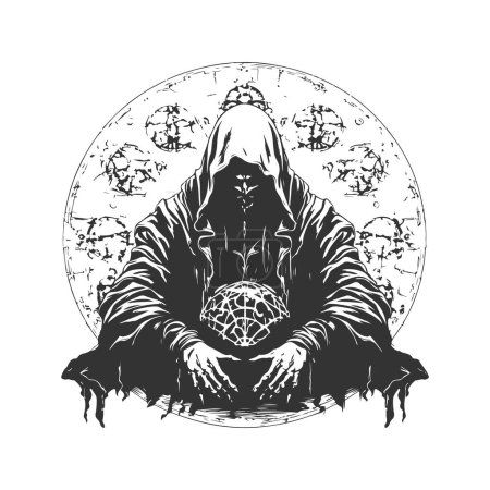 adamantine sorcerer mercenary of avarice, vintage logo line art concept black and white color, hand drawn illustration