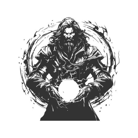 Illustration for Adamantine sorcerer mercenary of avarice, vintage logo line art concept black and white color, hand drawn illustration - Royalty Free Image