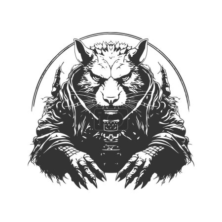 Téléchargez les illustrations : Rat seigneur de guerre de fierté, vintage logo ligne art concept noir et blanc couleur, illustration dessinée à la main - en licence libre de droit