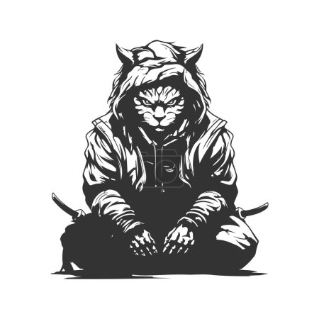 Ilustración de Ninja león de la desesperación y la paciencia, la línea de logotipo vintage concepto de arte en blanco y negro color, ilustración dibujada a mano - Imagen libre de derechos