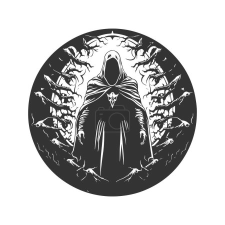 Téléchargez les illustrations : Doom arcaniste de colère et de divinité, vintage logo ligne art concept noir et blanc couleur, illustration dessinée à la main - en licence libre de droit