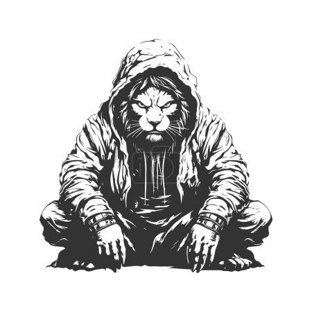 Ilustración de Ninja león de la desesperación y la paciencia, la línea de logotipo vintage concepto de arte en blanco y negro color, ilustración dibujada a mano - Imagen libre de derechos