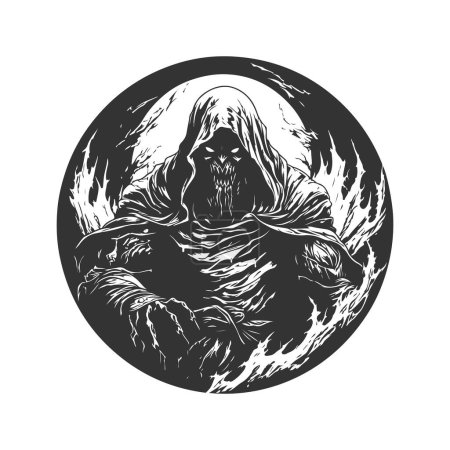 doom arcanist of anger and divinity, vintage logo line art concept black and white color, hand drawn illustration
