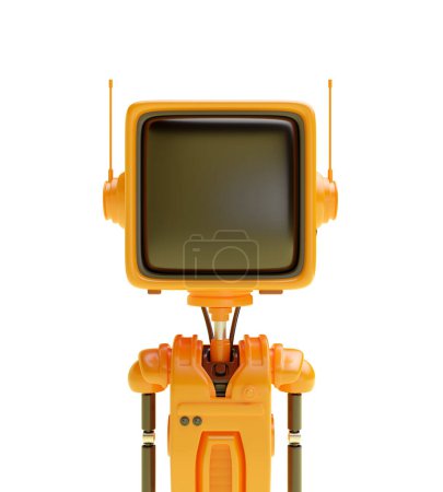 Photo for 3d bright robot character with head in shape of an old retro TV or monitor in realistic cute cartoon style. Technology creative concept design portrait of friendly cyborg. Vivid render illustration. - Royalty Free Image