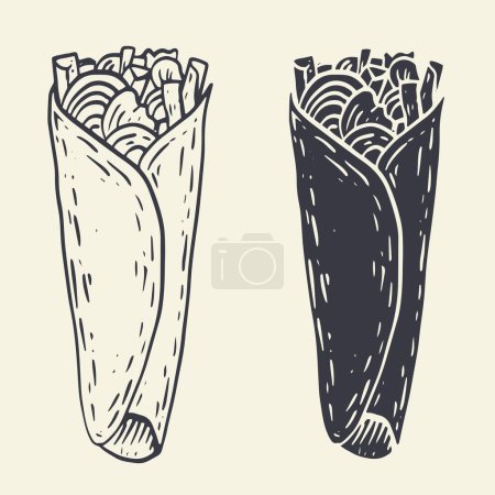 Ilustración de Kebab Doner en estilo vintage dibujado a mano. Dibujos animados boceto deliciosa comida rápida. Diseño gráfico de grabado para menú, banner, portada. Ilustración retro vectorial. - Imagen libre de derechos