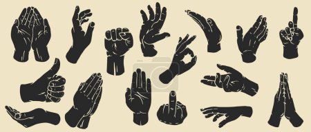 Hand drawn silhouettes hands in retro monochrome style. Set different gestures isolated on white background. Batch flat design concept. Modern vector retro illustrations with arm.