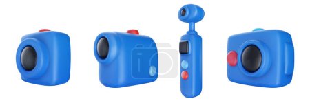 Set blue action camera in bright cartoon 3d style. Cute modern minimal vector illustration.