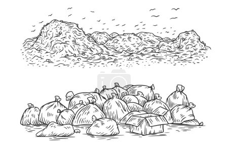 Hand drawn landfill landscape of in cartoon outline style. Panoramic environment city dump with flying birds above. Doodle vector illustration.
