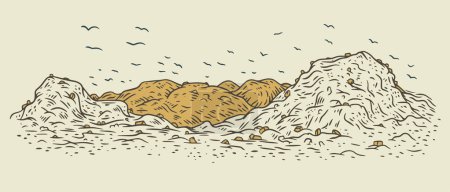 Handgezeichnete Deponielandschaft im Cartoon-Stil. Panorama-Umgebung Stadt Müllkippe mit fliegenden Vögeln über. Doodle-Vektorillustration.