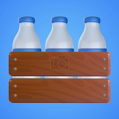 Wood box with milk bottles in 3d cartoon style. Cute realistic render element isolated on color background. Soft child toy. Bright vector illustration.