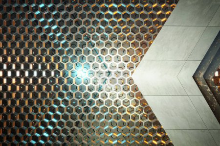 Foto de Ilustración 3d. Diseño abstracto de espacio metálico moderno de lujo de fondo futurista. Concepto tecnología, industrial, tecnología de la innovación - Imagen libre de derechos