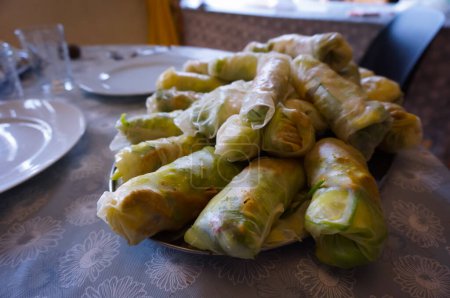 Téléchargez les photos : Assiette de rouleaux chinois de printemps, un plat typique cuit en Asie du Sud-Est comprenant une crêpe enveloppée dans une pâte de farine de riz remplie de légumes tels que salade verte, viande ou crevettes et nouilles - en image libre de droit