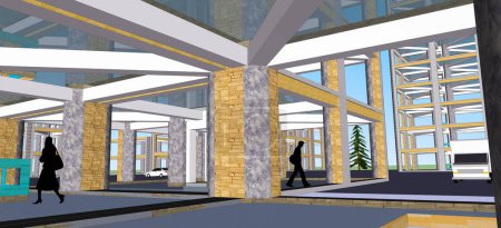 Téléchargez les photos : Image 3D du rez-de-chaussée à l'intérieur d'un bâtiment moderne en construction comportant des colonnes en marbre et en pierre supportant des poutres en béton et des plafonds en verre, avec des silhouettes de personnes sur le chantier - en image libre de droit