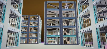 Photo for 3D image of the worksite of several multi-storey apartment towers under construction in a developing residential district, featuring a triangulated structure made of steel and concrete beams and piers - Royalty Free Image