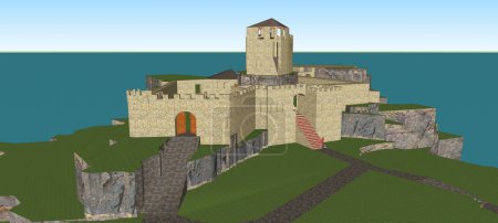Foto de Modelo 3D - Vista aérea de una isla de cuento de hadas en medio del mar, castillo fortificado medieval imaginario - Imagen libre de derechos