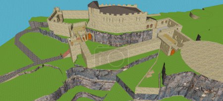 Téléchargez les photos : Illustration 3D - Une île de conte de fées fictive au milieu de la mer avec des falaises dentelées, avec une imposante forteresse en pierre - en image libre de droit
