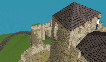 Téléchargez les photos : Illustration 3D - Le clocher d'une église fortifiée construite sur une île protégée par des remparts de pierre domine la mer ; le monastère de style médiéval dispose d'un toit en ardoise et de fenêtres voûtées - en image libre de droit