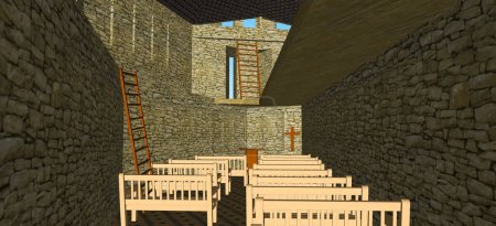 Foto de 3D render - Interior austero y nave de la pequeña capilla de una iglesia fortificada, con bancos de madera, un púlpito y una cruz cristiana con escaleras para que los defensores lleguen al pasillo superior - Imagen libre de derechos