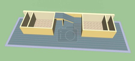 Foto de Modelado 3D simplista inacabado de una casa tradicional en construcción vista desde arriba, con dos habitaciones simétricas con paredes ya erigidas, una escalera y un techo de azulejos en la planta baja - Imagen libre de derechos