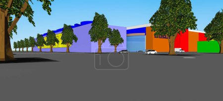 Téléchargez les photos : Modèle 3D simplifié d'un grand centre commercial construit autour du bâtiment coloré principal de l'hypermarché au milieu, entouré d'un immense parking boisé avec des véhicules pour donner l'échelle - en image libre de droit