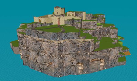 Téléchargez les photos : Modèle 3D - Vue aérienne d'une île de conte de fées au milieu de la mer, château fortifié médiéval imaginaire - en image libre de droit