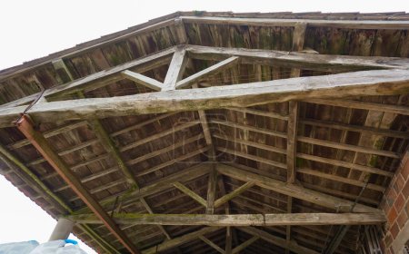 Téléchargez les photos : Vue en angle bas de la charpente en bois qui soutient le hangar d'une ferme en Occitanie, dans le sud de la France ; le rail en acier d'une grue aérienne est fixé au plafond par quelques poutres transversales - en image libre de droit