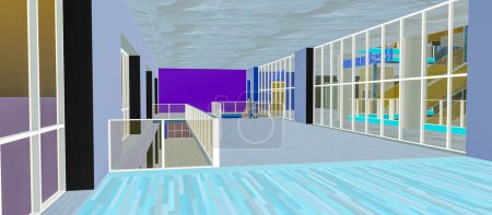 Téléchargez les photos : Modélisation 3D d'un bâtiment fictif, généré avec un logiciel de conception en couleurs inversées : une vaste pièce avec de grandes baies vitrées, construite sur un étage en mezzanine, avec des escaliers pour accéder aux niveaux inférieurs - en image libre de droit
