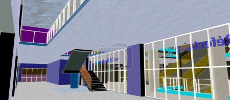 Téléchargez les photos : Modélisation 3D (image synthétique) d'un bâtiment fictif, généré avec un logiciel de conception en couleurs inversées : une vaste pièce avec de grandes baies vitrées, avec des escaliers pour accéder à la mezzanine - en image libre de droit