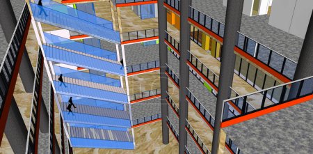 Téléchargez les photos : Image 3D de l'intérieur moderne d'un bâtiment de plusieurs étages avec des colonnes en béton et des escaliers superposés avec balustres en verre, construits l'un au-dessus de l'autre autour du puits central de lumière - en image libre de droit