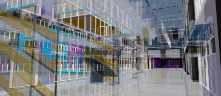 Téléchargez les photos : Modèle 3D, avec effet de transparence et de réflexion généré avec un logiciel de conception, de l'intérieur d'un bâtiment imaginaire, ayant un grand hall et des étages mezzanine construits autour de l'atrium central - en image libre de droit