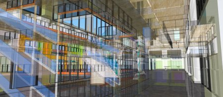 Téléchargez les photos : Modélisation 3D avec effet de transparence et de réflexion générée avec un logiciel de conception, de l'intérieur d'un bâtiment imaginaire, ayant un grand hall et des étages mezzanine construits autour de l'atrium central - en image libre de droit